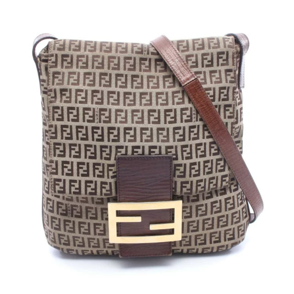 Fendi Zucchino Shoulder Bag Canvas Leather Beige Cream Brown